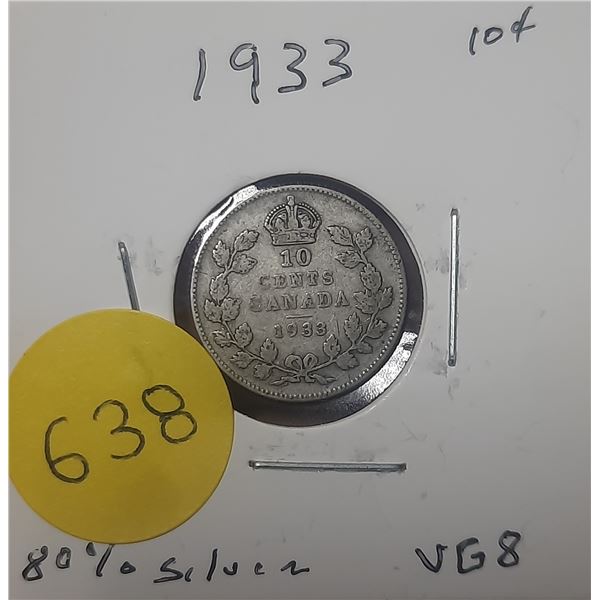 1933 Canada Silver 10 Cents- VG8