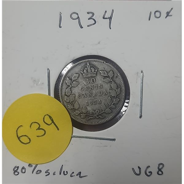 1934 Canada Silver 10 Cents- VG8