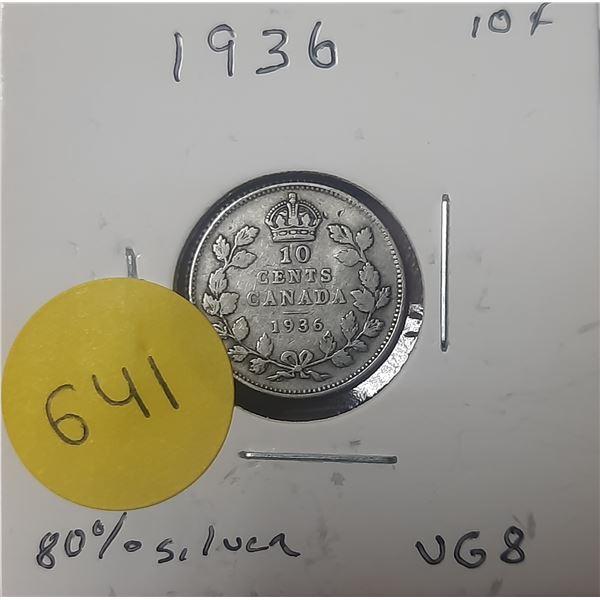 1936 Canada Silver 10 Cents- VG8