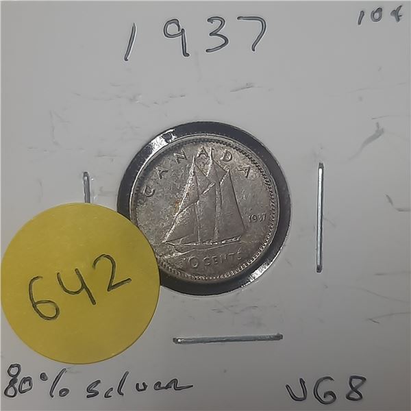 1937 Canada Silver 10 Cents- VG8