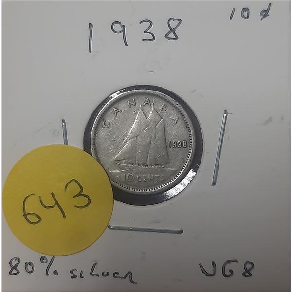 1938 Canada Silver 10 Cents- VG8