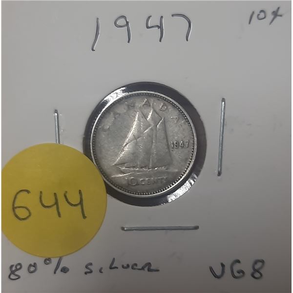 1947 Canada Silver 10 Cents- VG8