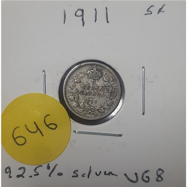 1911 Canada Silver 5 Cents- VG8