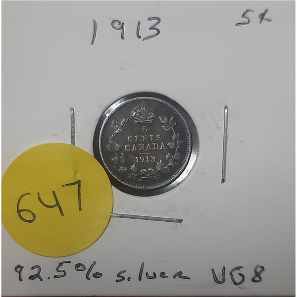 1913 Canada Silver 5 Cents- VG8
