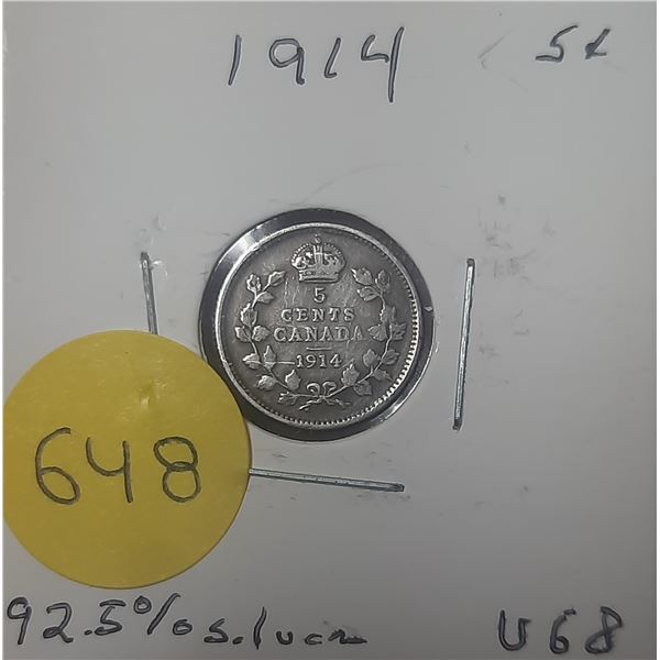 1914 Canada Silver 5 Cents- VG8