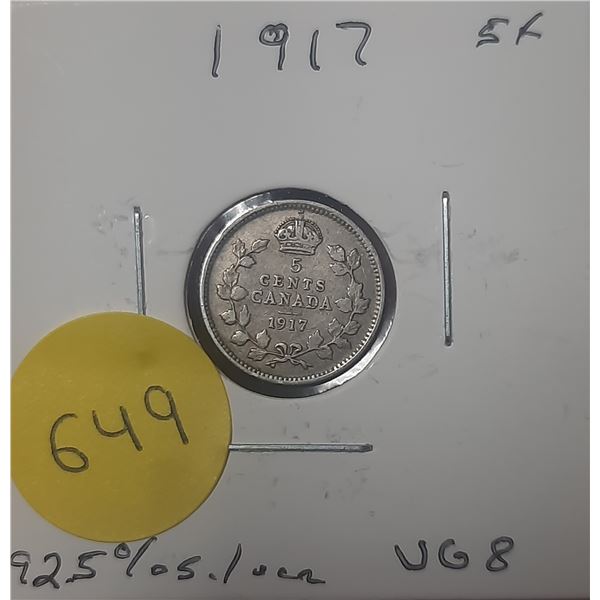1917 Canada Silver 5 Cents- VG8