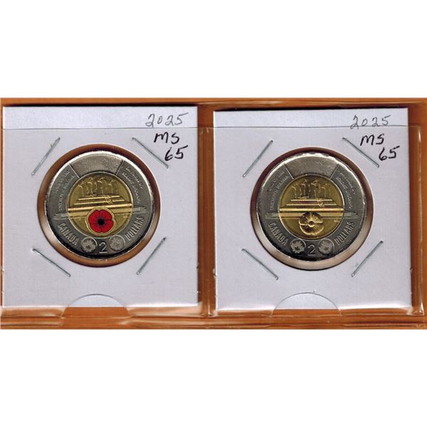 2025 CANADIAN $2.00 COINS - COLOURED & NON COLOURED - UNKNOWN SOLDIER TOONIES