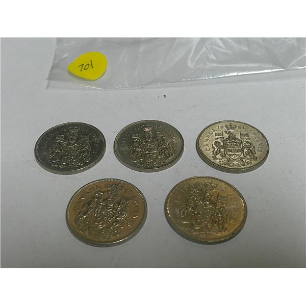 5 Canadian 50 cent coins (1978,1982,1981,1980)