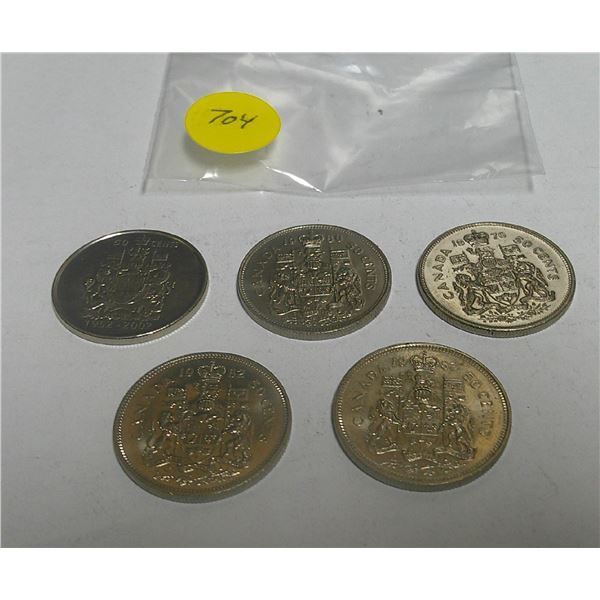 5 Canadian 50 cent coins (1952-2002,1982,1970,1980)