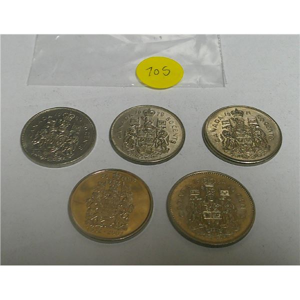5 Canadian 50 cent coins (1971,1980,1979,1984,1952-2002)