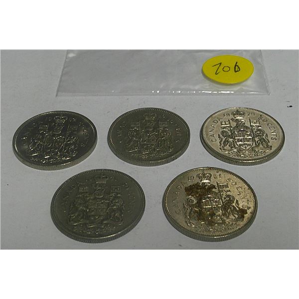 5 Canadian 50 cent coins (1979,1981,1982,1971,1985)