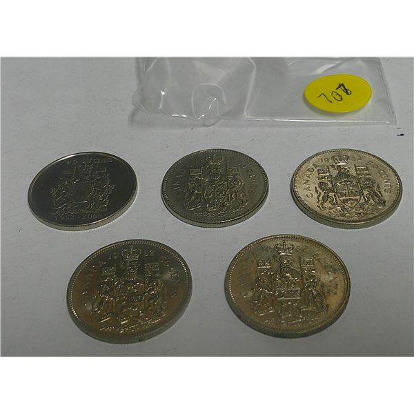 5 Canadian 50 cent coins (1984,19525-2002,1982)