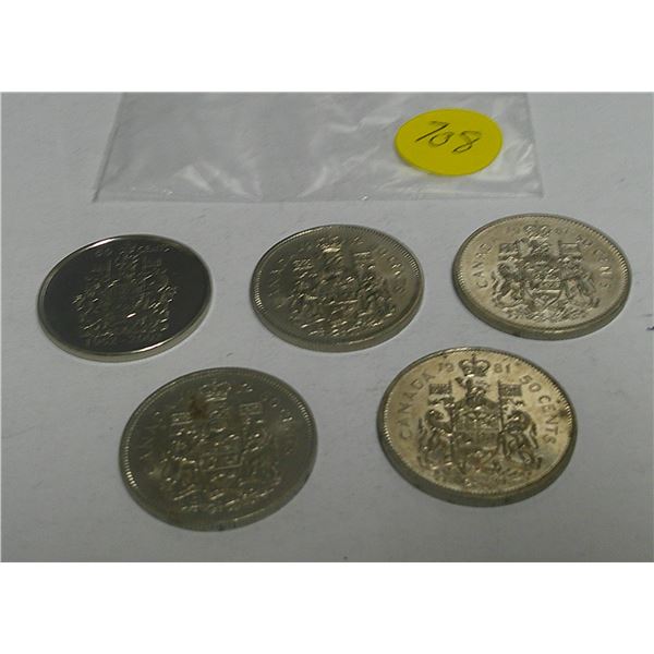 5 Canadian 50 cent coins(1987,1982,1952,2002,1981)