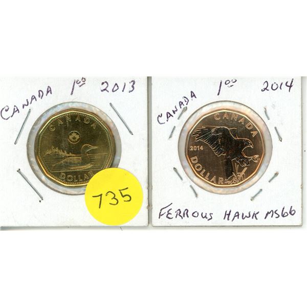 2013 and 2014 Ferrous Hawk Canadian One Dollar Coins.