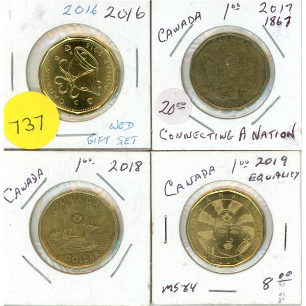2016 Wedding Gift Set, 2017, 2018, 2019 Equality Canadian One Dollar Coins.