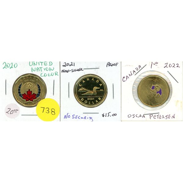 2020 United Nations Color, 2021, 2022 Oscar Peterson Color Canadian One Dollar Coins.