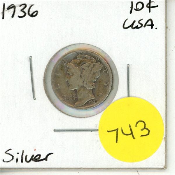 1936 USA Silver Ten Cents.