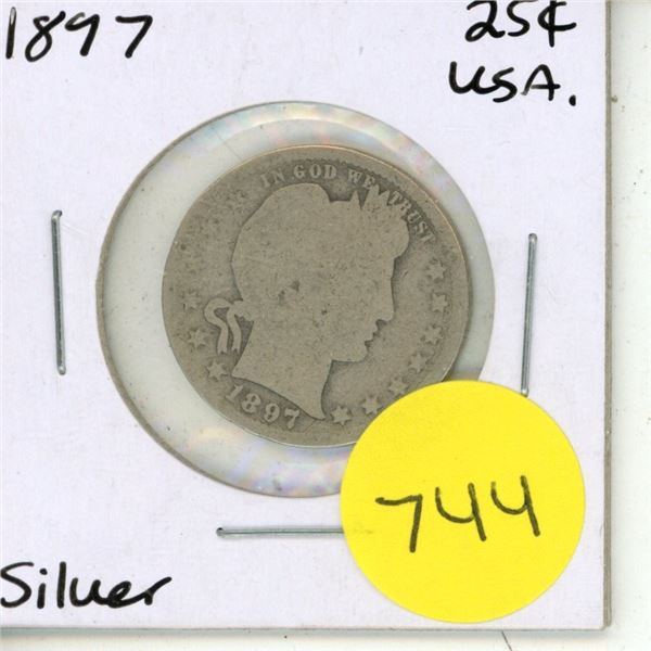 1897 USA Silver Twenty Five Cents.