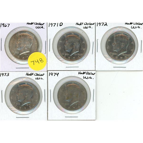 1967, 1971 D, 1972, 1973, 1974 USA Half Dollar Coins.