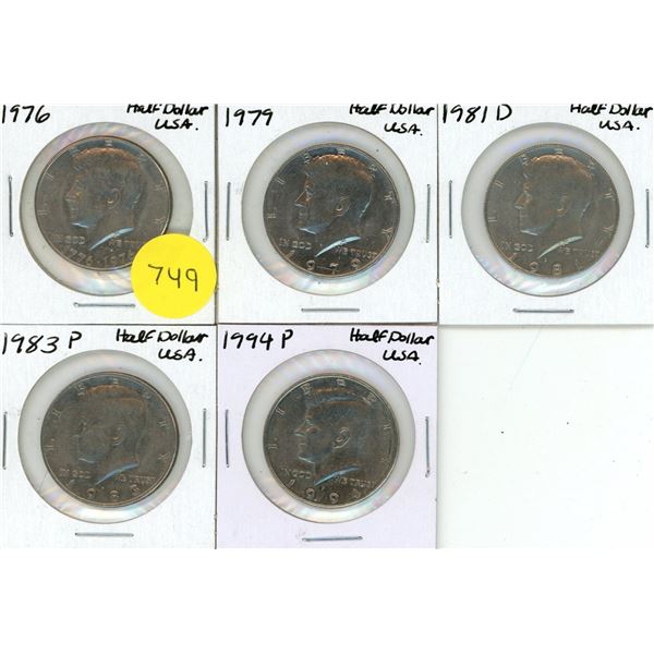 1976, 1979, 1981 D, 1983 P, 1994 P USA Half Dollar Coins.