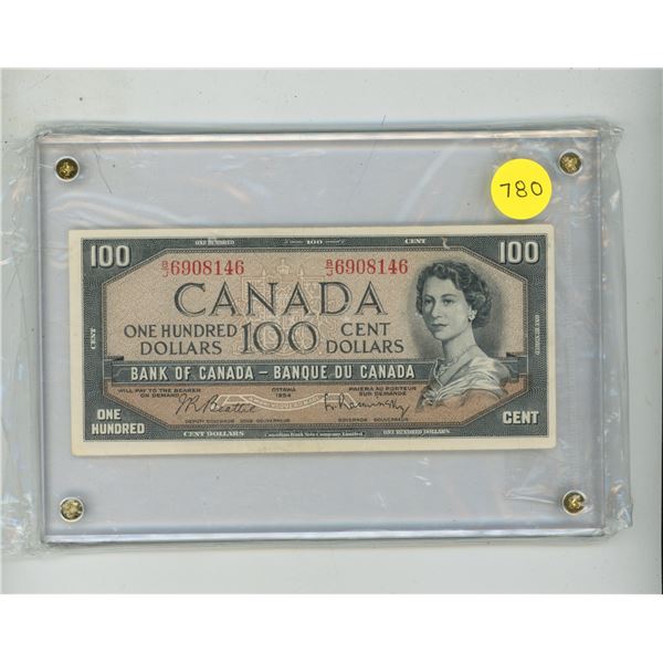1954 Canadian One Hundred Dollar Bill in Display