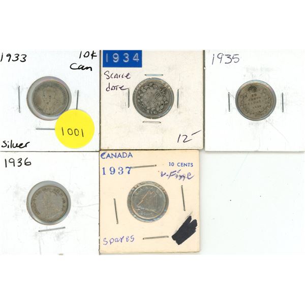 1933-1937 Canadian Silver Ten Cents