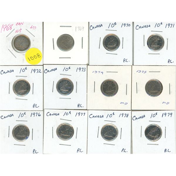1968, 1969, 1970 PL-1973 PL, 1974, 1975, 1976 PL-1979 PL Canadian Ten Cents.