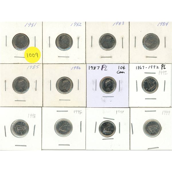 1981-1986, 1987 PL, 1992 PL, 1993, 1996, 1998 Canadian Ten Cents.