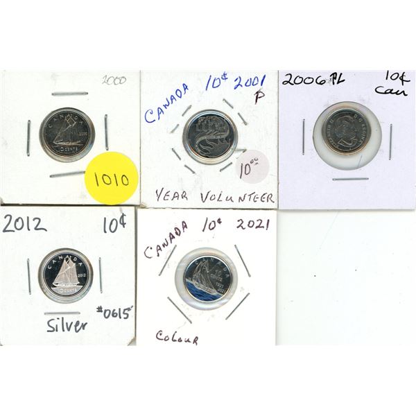2000, 2001 P - Year Volunteer, 2006 PL - Colour, 2012 PL - 99.99% Pure Silver, 2021 Canadian Ten Cen
