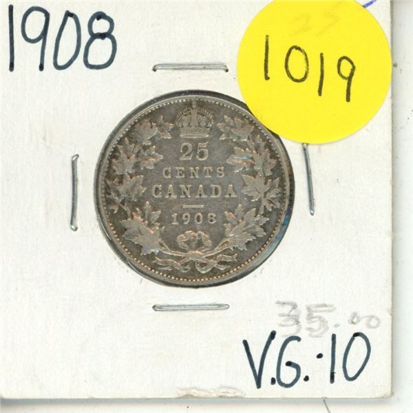 1908 Canadian Silver Twenty Five Cents