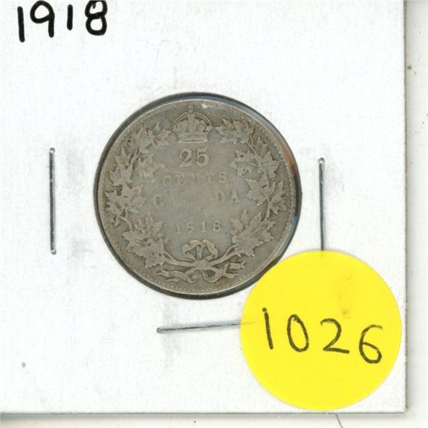 1918 Canadian Silver Twenty Five Cents