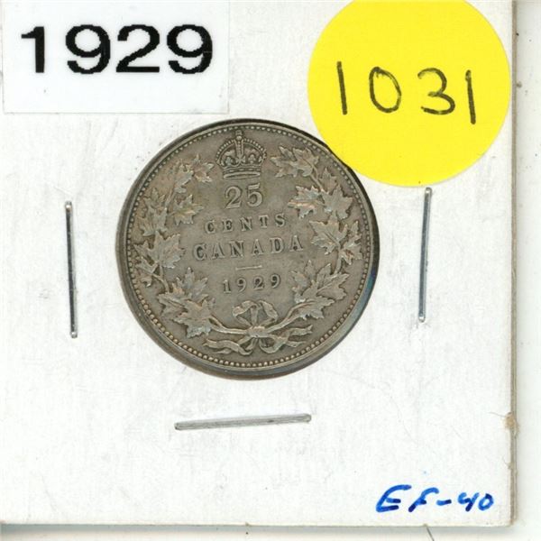 1929 Canadian Silver Twenty Five Cents
