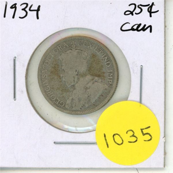1934 Canadian Silver Twenty Five Cents