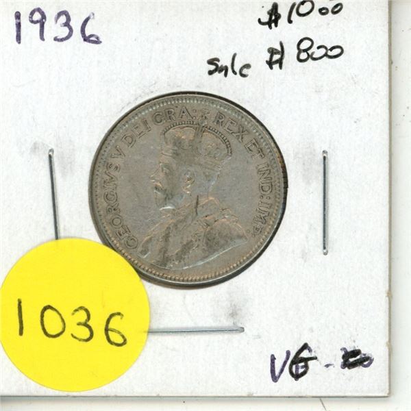 1936 Canadian Silver Twenty Five Cents