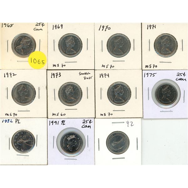 1968-1972, 1973 SB., 1974, 1975, 1982 PL, 1991 PL, 1992 Canadian Twenty Five Cents. (Total 11 Coins)