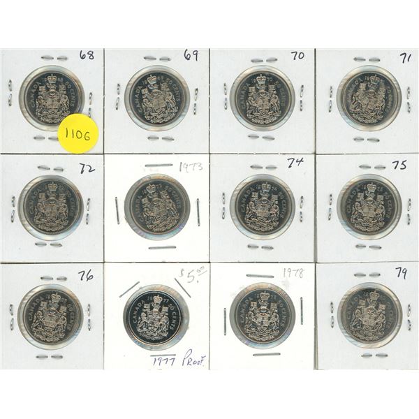 1968-1979 Canadian Fifty Cents. (Total 12 Coins)
