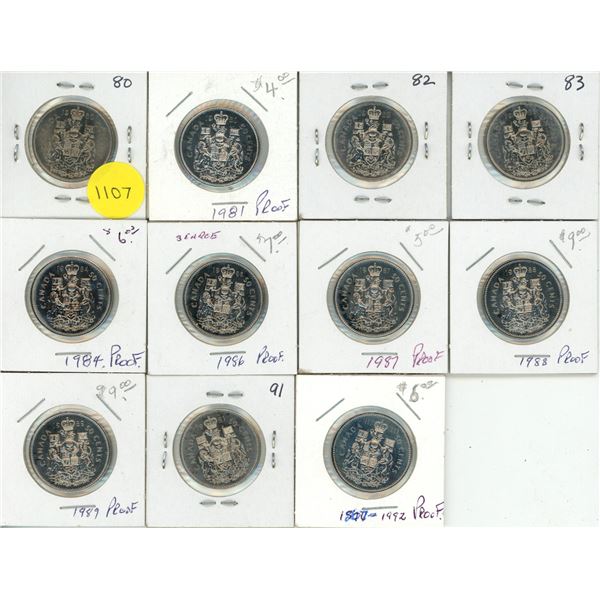 1980-1984, 1986-1989, 1991-1992 PL Canadian Fifty Cents. (Total 11 Coins)