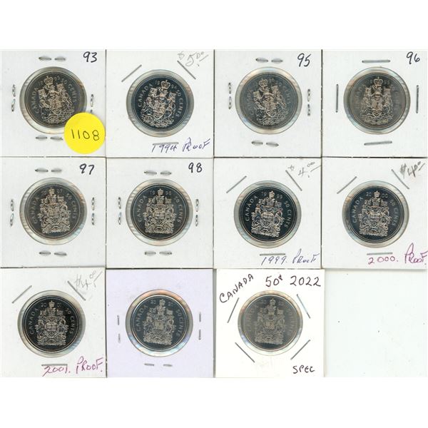 1993, 1994 PL, 1995-1998, 1999 PL-2001 PL, 2021, 2022 Spec. Canadian 50 Cents Coins. (Total 11 Coins