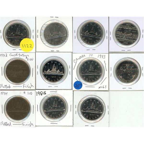 1979-1982, 1982 Matte F., 1982 PL, 1983, 1984, 1984 Matte F., 1985, 1986 Canadian Nickle Dollar. (To