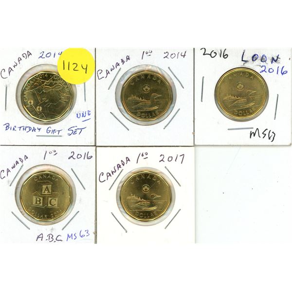 2014 Unc. Birthday Gift Set, 2014, 2016, 2016 ABC, 2017 Canadian Dollar. (Total 5 Coins)