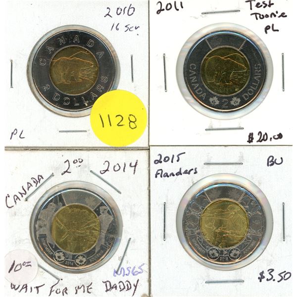 2010, 2011 PL - Test Toonie, 2014 - Wait For Me Daddy, 2015 -Flanders Canadian Two Dollars. (Total 4