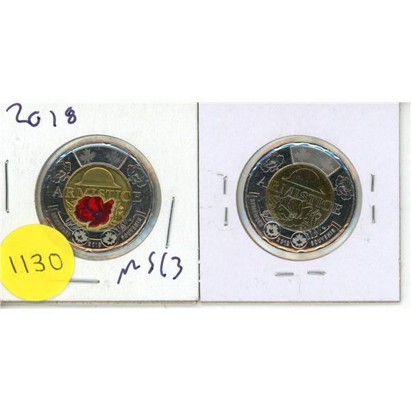 2018 Armistice Colour and Uncolured Two Dollars.