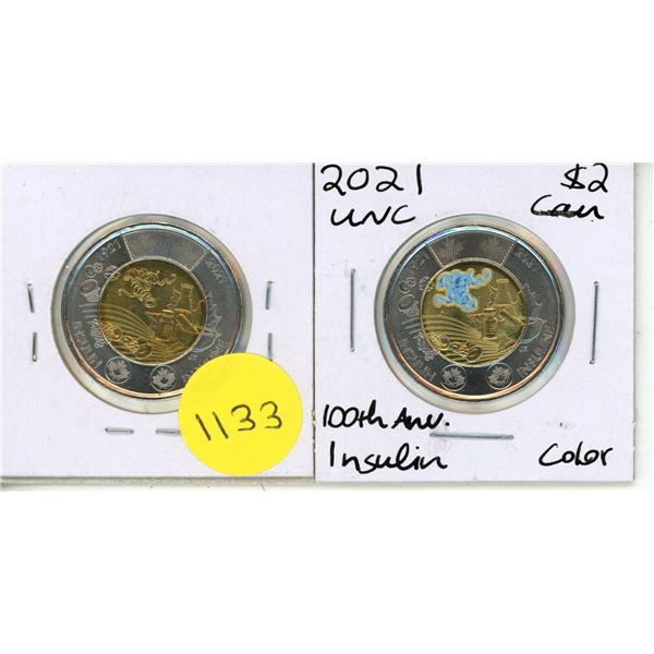 2021 UNC. Insulin 100th Anv. Colour and Uncoloured Canadian Two Dollars.
