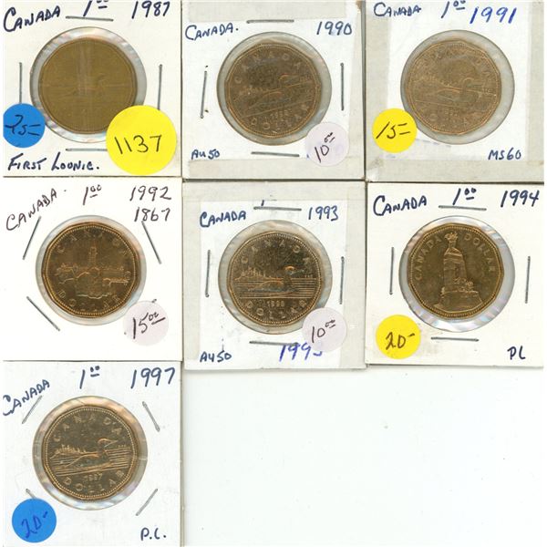 1987 First Toonie, 1990-1994, 1997 Canadian One Dollar. (Total 7 Coins)