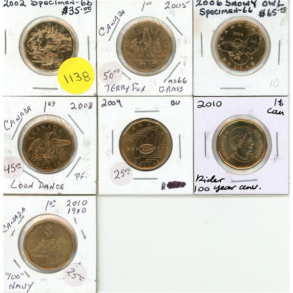 2002 Spec, 2005 Terry Fox, 2006 Spec. - Snowy Owl, 2008 Loon Dance (Total 7 Coins)