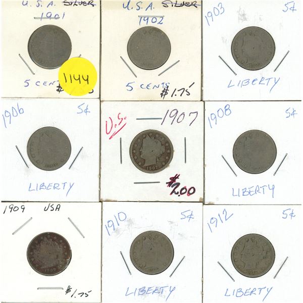 1901-1903, 1906-19010,  1912 USA Liberty Nickel. (Total 9 Coins)