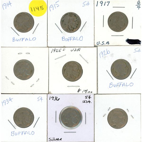 1914, 1915, 1917, 1920 S, 1925 D, 1926, 1934, 1936, 1937 S USA Buffalo Nickel. (Total 9 Coins)