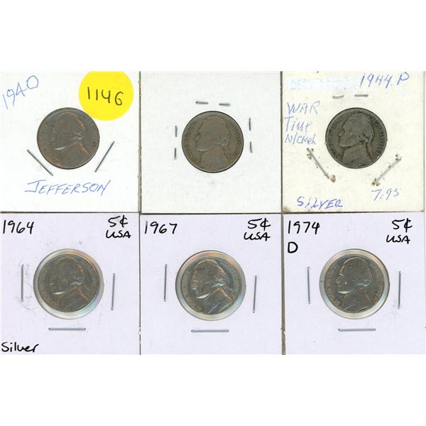 1940, 1942, 1944, 1964, 1967, 1974 D USA Jeferson Nickel. (Total 6 Coins)