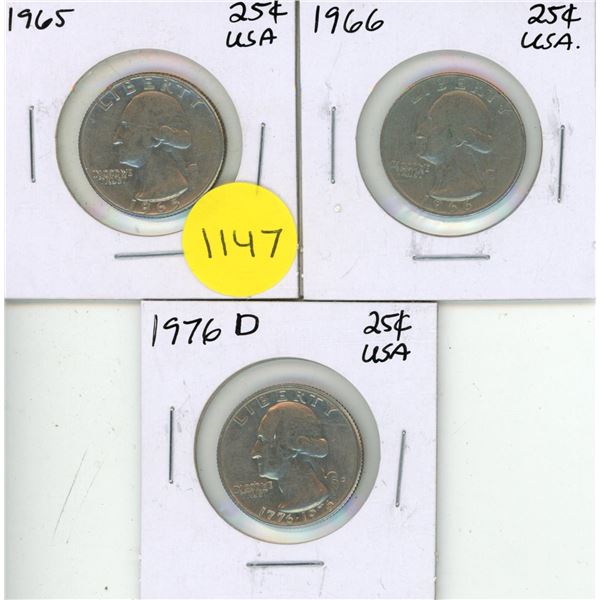 1965, 1966, 1976 D USA 25 Cents Coins. (Total 3 Coins)