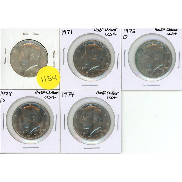 1969, 1971, 1972 D, 1973 D, 1974 USA Half Dollars (Total 5 Coins)